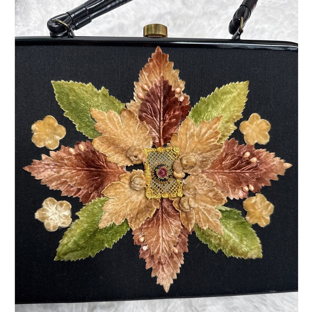 50's Caron of Houston hand decorated floral appliqué purse top handle kiss lock - Picture 4 of 12